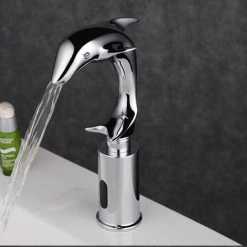 Brass Dolphin faucet Bathroom Sensor Faucet Deck Mounted Automatic Water Saving Basin Tap DC6V Torneira