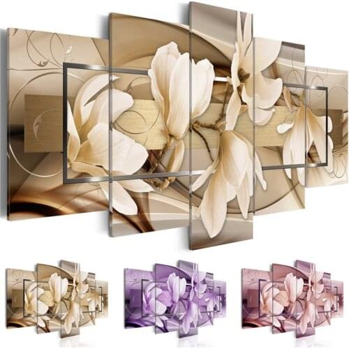No Framed Magnoli Purple White Flowers Lily Buds 5Panel Canvas Picture Print Wall Art Canvas Painting Wall Decor for Living Room