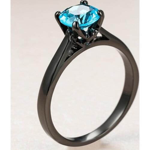 Cute Female Aqua Blue Crystal Stone Ring Charm 14KT Black Gold Wedding Rings For Women Punk Bride Round Zircon Engagement Ring