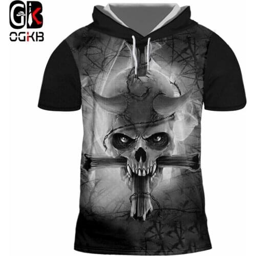 OGKB Summer Tops Mens Hooded Tshirt Cool Print Cross Skull 3D Cap Tshirt Short Sleeve Hoodie Fit Slim Workout Undershirts Hoody