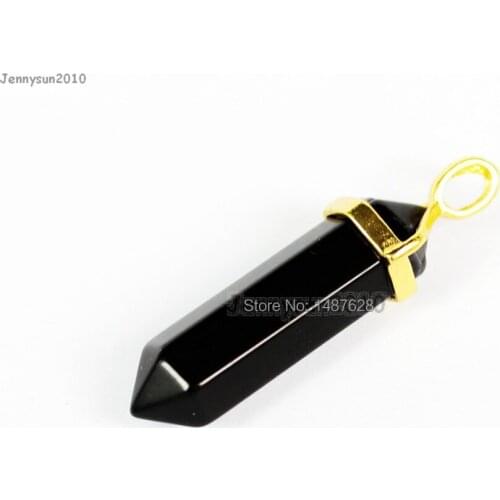 Natural Black Onyx Gems Stones Hexagonal Pointed Healing Reiki Chakra Gold Pendant Beads Necklace Earrings Jewelry 10Pcs/Pack