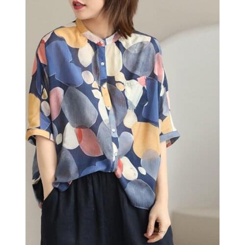 New Breathable Tencel Cotton Colorful Dot Printed Women Casual Shirts Tops O-neck Half Sleeve Blouses Summer Loose Vintage Shirt