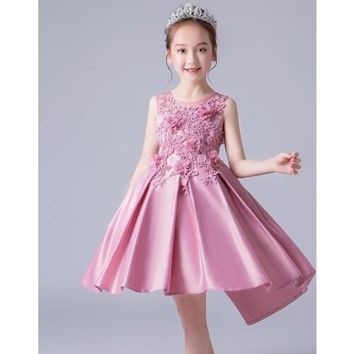 Sleeveless Princess Lace Flower Girl Dresses Satin Gowns Birthday Party Dress for Girls with embroidery Beading Pageant Gown