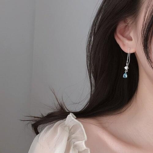 Blue Water Drop Sun Earrings For Women Crystal Zircon Tassel Long Wave Line New Korean Hot Fashion Female Daily Jewelry BOYULIGE