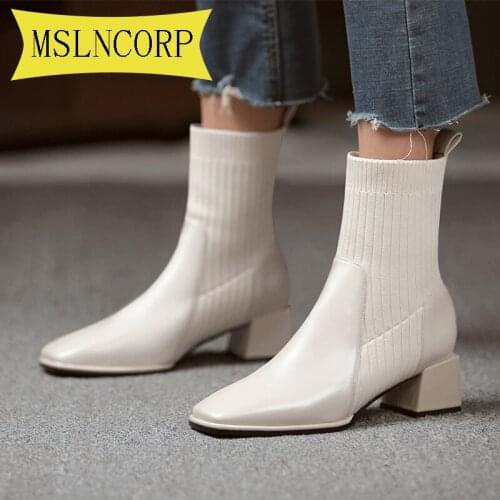 Big Size 34-43 Winter Chelsea Boots Women Square Toe Boot Ankle Winter Shoes Short Ankle Boots Thick Heel Brand Designer Leather