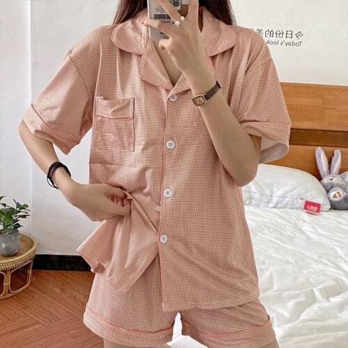 Womens Pajamas Sets Summer Shorts Korean Checked Print Short Sleeve Kawaii Sleepwear 2Piece Set Leisure Loose Cardigan Homewear