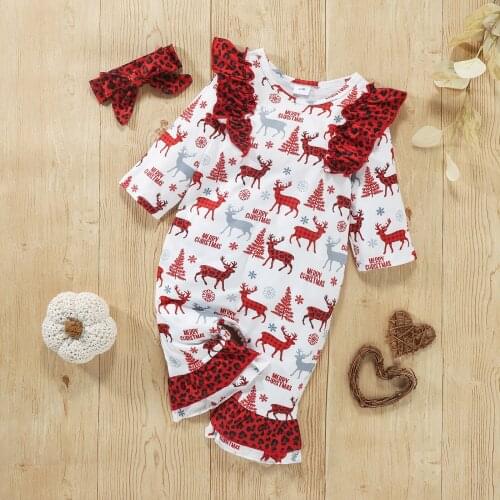 Christma Romper Infant Baby Girls Flare Sleeve Christmas Xmas Deer Leopard Printed Romper Jumpsuit+Headbands conjuntos de menino