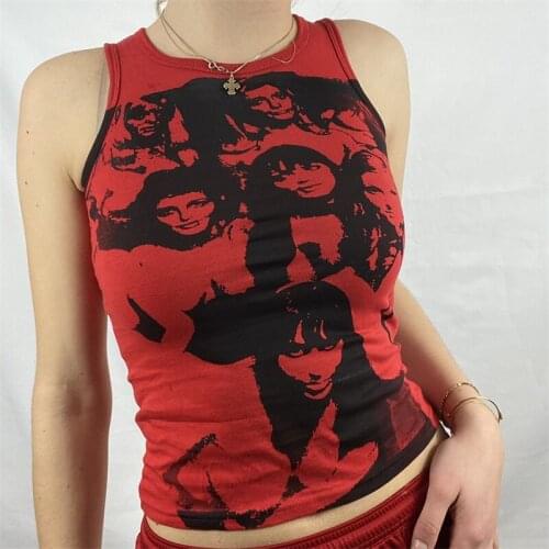 Female Sexy Short Vest Girls Y2K Style Portrait Printing Round Collar Sleeveless Crop Tops Summer Slim Tank Tops