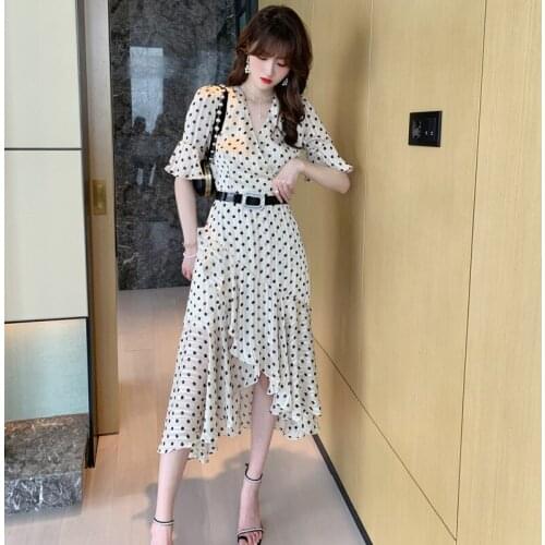 New arrival korean style fashion dress women elegant summer OL lady vintage dot temperament flare sleeve slim asymmetrical dress