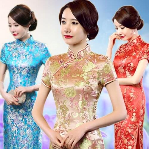 15 Colors New Hot Women Brocade Satin Cheongsam Chinese Traditional Long Satin Qipao Dress Flower Size S M L XL XXL XXXL 020718
