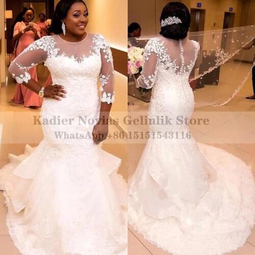 Long Plus Size White Mermaid Lace Wedding Dresses 2021 Nigerian with Sleeves Bridal Gown Robe Mariage Femme