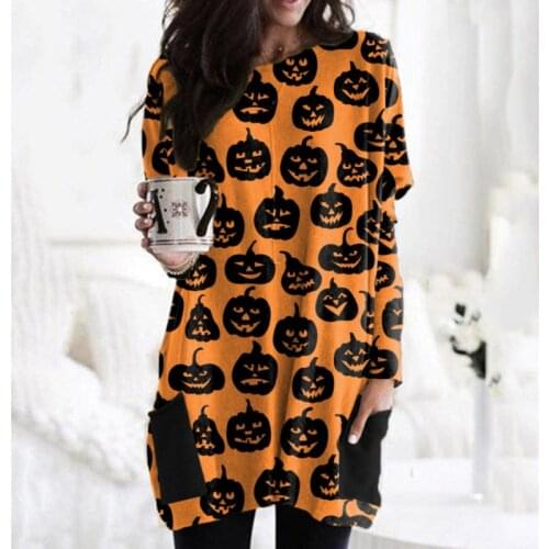 2021 New Female Halloween Autumn Dress Elegant Winter Women Pumpkin Print Dress Long Sleeve Pocket Dress Женское Платье Befree