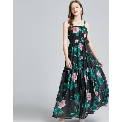 Rose Print Summer Dress Floor-Length Spaghetti Strap Off Shoulder Dresses Ages 18-35 Years Old Sleeveless Pleated Woman Dresses