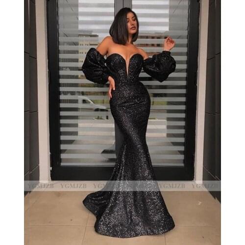 Sexy Black Long Sleeves Evening Dresses Sequin 2020 Sweetheart Arabic Dubai Long Mermaid Party Dress Abendkleider Robe De Soiree