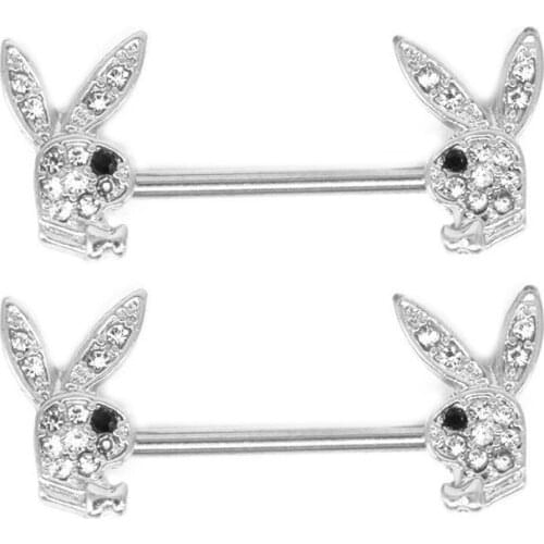 2PCS Rhinestone Rabbit Nipple Piercing Rings Stainless Steel Barbell Nipple Piercing Cartoon Bunny Nipple Shield Body Jewelry