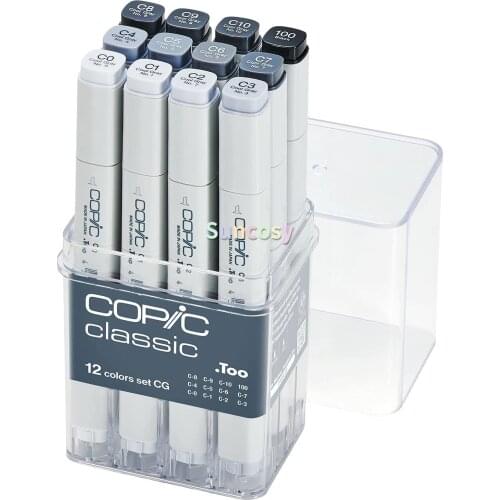 Copic classic Markers 12-Piece Cool Gray Set,Square body, Two type of nips (standard board nib / standard fine nib)