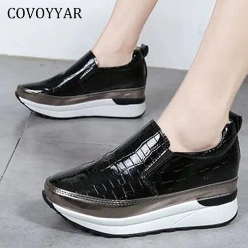 COVOYYAR Fashion Women Sneakers Platform Patent Leather Thick Bottom Casual Wedge Shoes Woman Tennis White Slip on WSN450