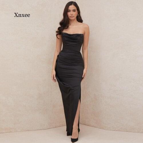 Satin Strapless Maxi Long Dress New Elegant Structured Evening Event Party Dresses Lady Date Night Thigh Split Woman Dresses