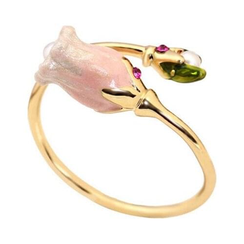 European and American Sweet New Personality Enamel Glaze Temperament Ppink Lily of The Valley Open Rring Female Adjustable