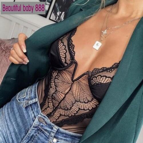 Meqeiss 2020 New deep V fashion lace sexy bodysuit women patchwork mesh transparent female jumpsuit slim body mujer hot catsuit