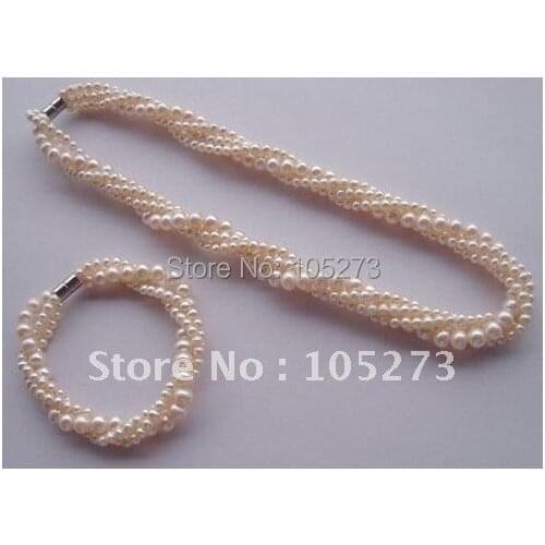 Pearl Jewelry Set AA 3-8MM White Cultured Freshwater Pearl Necklace Bracelet Fashion Girls Womens Jewelry New Free Shipping