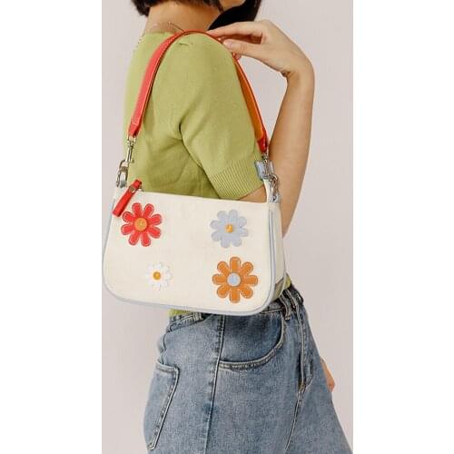 Fashion Lady Travel Simple Canvas PU Shoulder Shopping Bag Women Designer Handbag Shoulder Bag Women Daisy Flower Handbags
