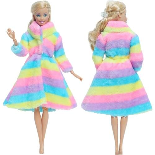 One Set Long Sleeves Colourful Soft Fur Coat Robe Dress Winter Warm Casual Wear Accessories Clothes for Barbie Doll DIY Toys