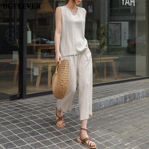 BGTEEVER Casual Cotton and Linen 2 Pieces Set Women Sleeveless Split Blouse Tops & Wide Leg Pants 2020 Summer OL Set Female