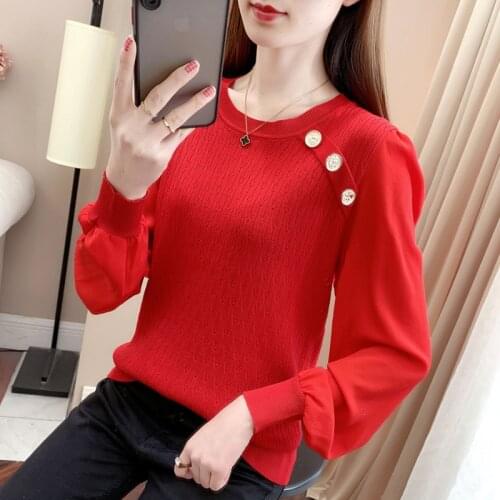 Spring Autumn Round Neck Stitching Pullover Sweater Woman 2021 New Korean Fashion Casual All-Match Puff Sleeve Knitting Female