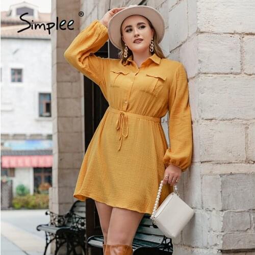 Simplee Office cotton lace up pocket plus size dress women Casual lantern sleeve autumn dress High waist shirt collar vestidos