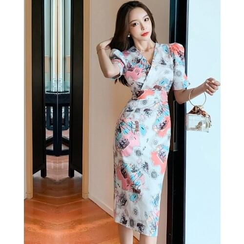 High Street Dress 2020 Summer Simple V-Neck High Waist Puff Sleeve Fashion Geometric Pattern Elegant Party Dress Women