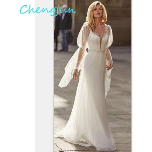 Chengjun Women Scoop Beach Style Beaded Ivory Long Sleeve Simple Wedding Dress