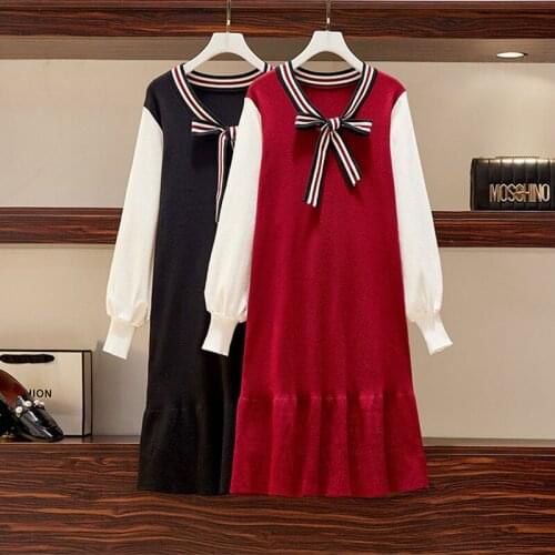 EHQAXIN Plus Size Womens Knitted Dresses 2021 Autumn Winter Fashion V-Neck Bow Loose Striped Stitching Ruffled Dress Lady L-4XL