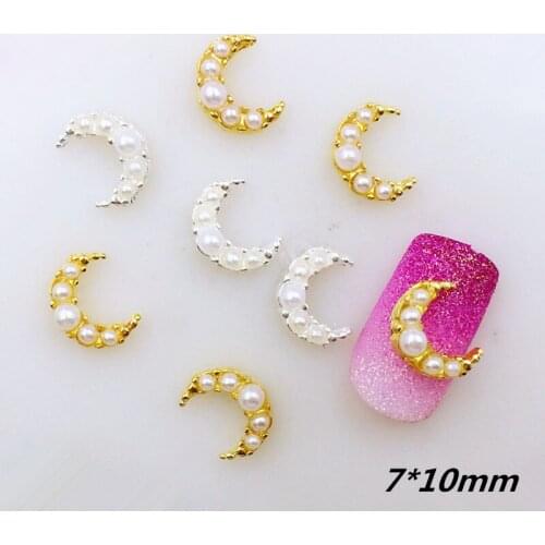 20pcs/pack Japan Alloy Nail Art 3D Gold Moon with Pearl Metal Accessories for Phototherapy Nail Sticker DIY