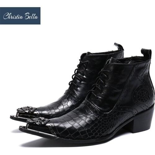 Christia Bella Men Shoes Genuine Leather Boots New Fashion Simplicity Metal Pointed Toe Boots Big Size Lace Up Short Boots