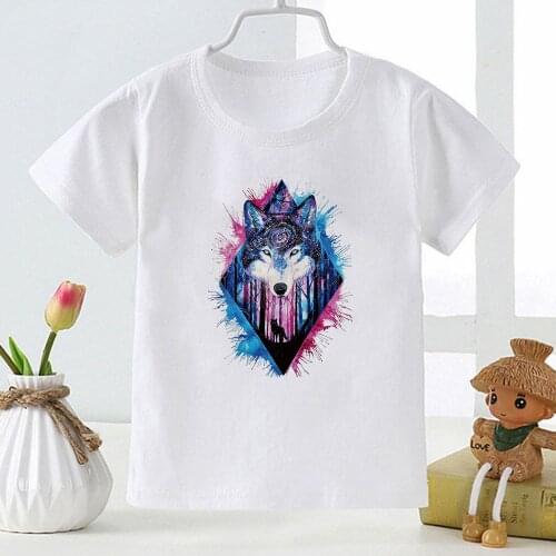 Watercolor Style Wolf Head Printed Ropa Aesthetic Children Clothes Short Sleeve Harajuku Kids T Shirt Hipster Punk Toddler Tees