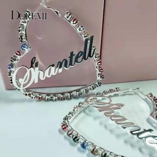 DOREMI Custom Zircon Heart Earrings for Women Girls Hiphop Sexy Hoop Earrings Personal Custom Name Earring for Mothers Day Gift