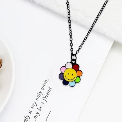 Smiling face Seven colors petal Sun flower Pendant Necklace Black metal chain Happy smile Fashion Necklace Girls' Party Jewelry
