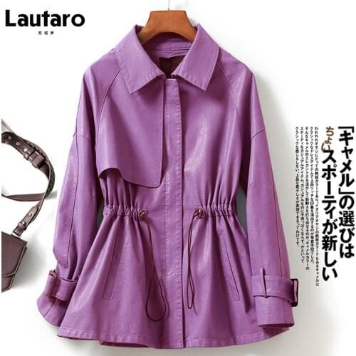 Lautaro Spring Casual Purple Faux Leather Streetwear Jacket Women Long Sleeve Drawstring Zipper Autumn Loose Korean Clothes 2021