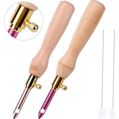 LMDZ 2pcs Wooden Handle Magic Embroidery Pens Sewing Embroidery Punch Needle Set Knitting Needlework Sewing Craft Kit
