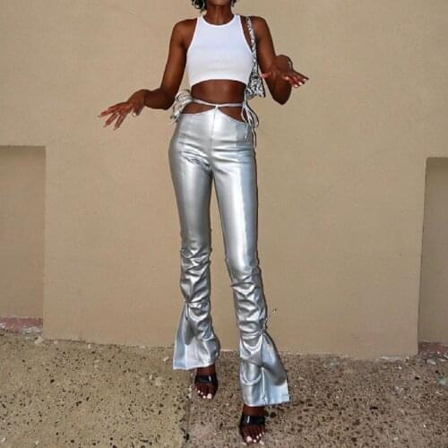 Fashion Streetwear Smooth Reflective Straight Pants Silver PU Leather High Waist Zipper Casual Slim Pile Up Long Trousers 2020