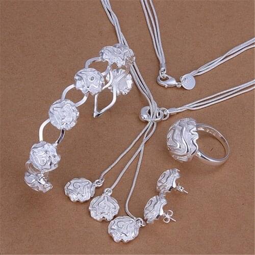 Fashion 925 sterling Silver fine rose flower bangle ring Bracelet necklaces stud earring Jewelry set for women charm Party gifts