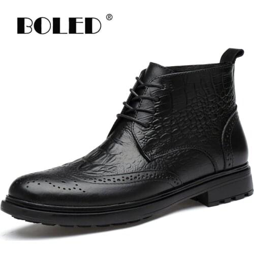 Genuine Leather Men Boots Bullock Style Plush Fur Warm Ankle Snow Boots Outdoor Rubber Sole Autumn Winter Boots Men