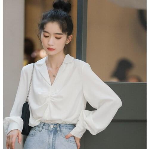 Solid Female Shirts Outwear Tops 2020 Autumn New Women Chiffon Blouse Office Lady V-neck Button Bubble Sleeve Loose Clothing