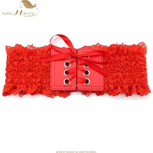 SISHION Women Ladies Girls Fashion Wide Leather Lace Belts Retro Vintage Black Red Stretchy Elastic Waist Belt Waistband VB0012