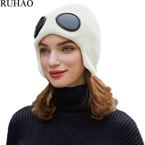 RUHAO Double-use Thickened Winter Knitted Hat Warm Beanies Skullies Ski wool Cap and Glasses for Men Women