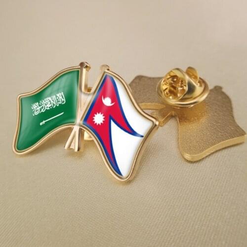 Saudi Arabia and Nepal Crossed Double Friendship Flags Lapel Pins Brooch Badges