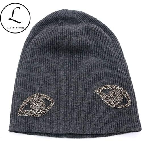 New Design Women Rhinestones Ribbed Cotton Hats Casual Spring Autumn Winter Women Ladies Slouch Beanies Hats and Caps Girls hats