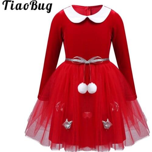 TiaoBug Kids Girls Christmas Costume Red Velvet Long Sleeves Mesh Lace Xmas Dress Princess Birthday Party Holiday Child Clothes