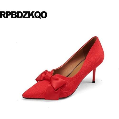 High Heels Plus Size 3 Inch Scarpin Girls Bridal Red Stiletto Pumps Bow Shoes 10 Ladies Lace Pointed Toe 11 Bridesmaid Ivory